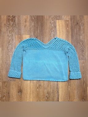 Sky Blue Off-the-Shoulder Crochet Yoke Sweater